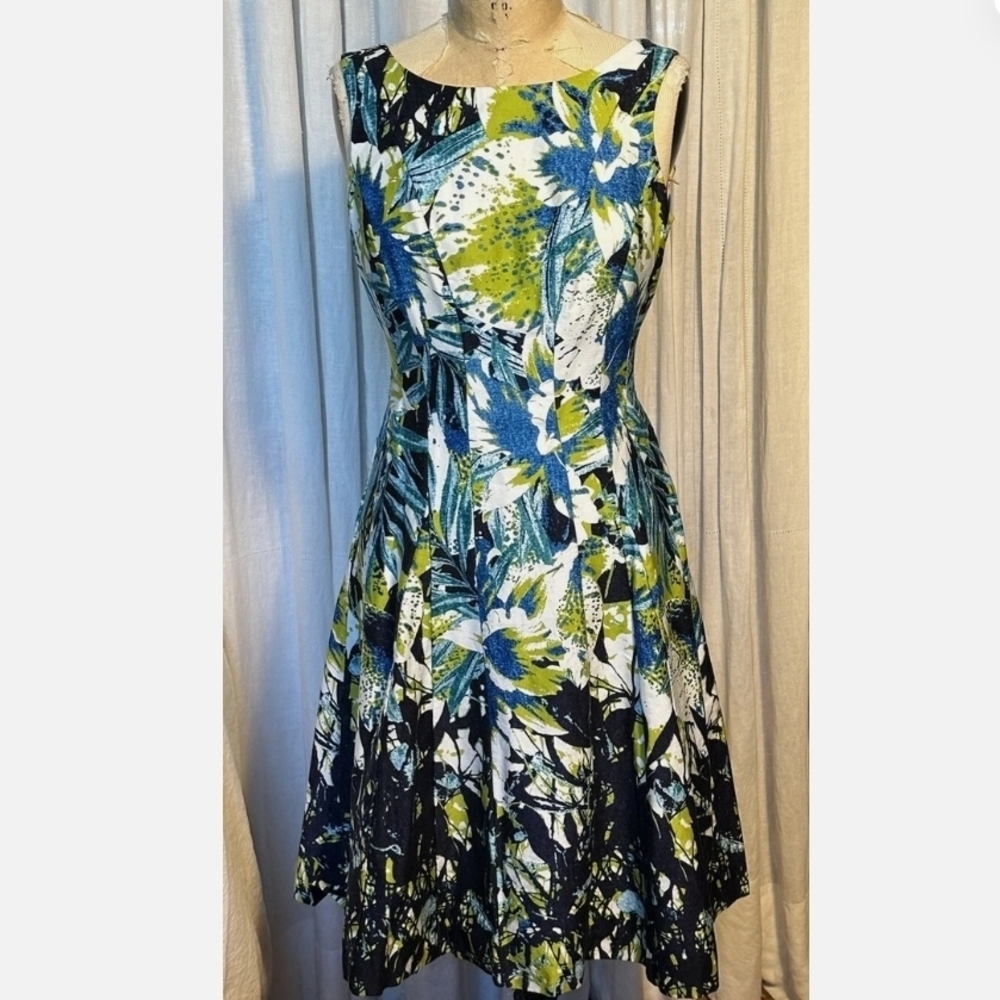 Nine West Floral Fit-and-Flare Womens Dress in Blue & Green (Size 12)